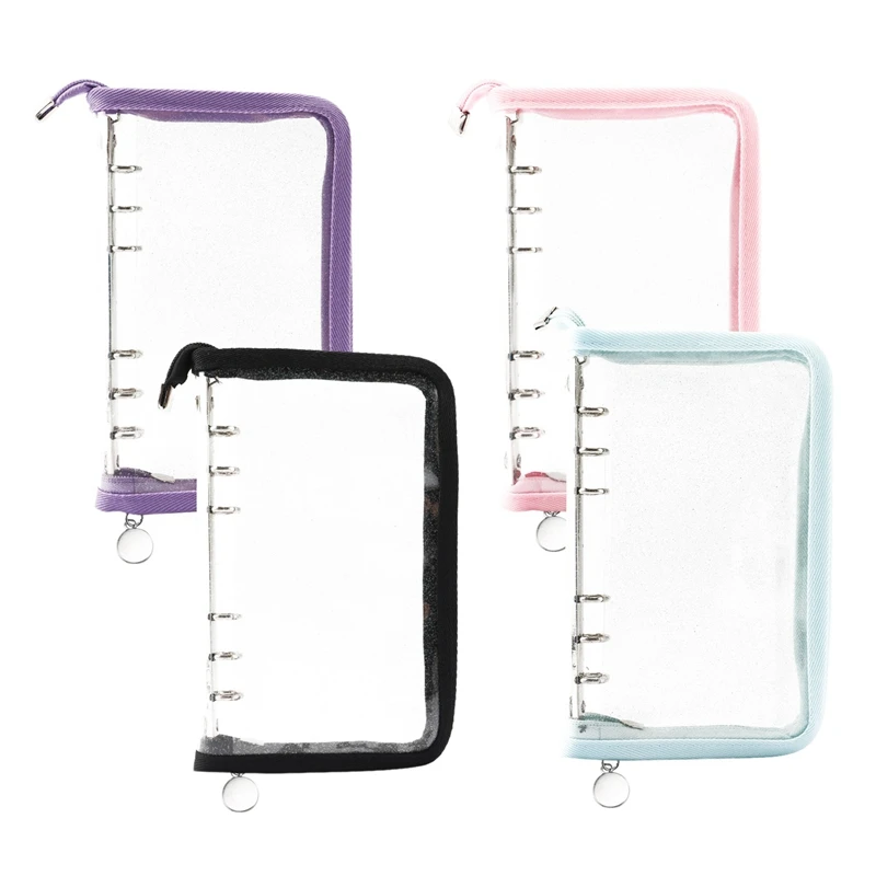 

4 Pieces Binder Pockets A6 Size 6 Rings Binder Cover PVC Zipper Binder for 6 Ring Refillable Binder Notebook Planner