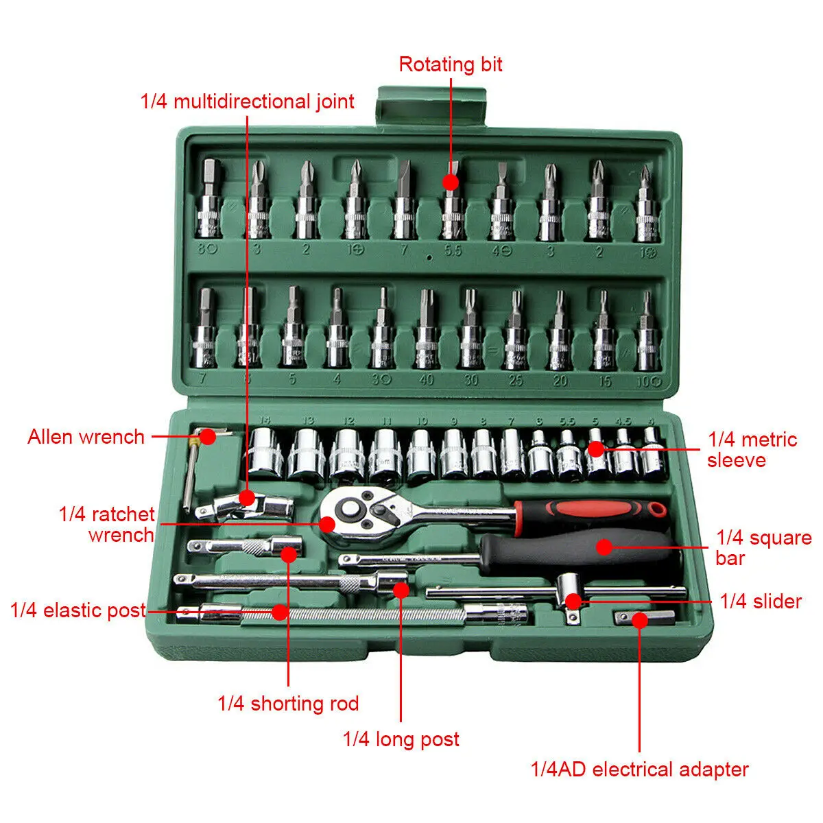 

46PCS Hand Tool Sets Car Repair Tool Kit Set Mechanical Tools Box for Home 1/4-inch Socket Wrench Set Ratchet Screwdriver Kit