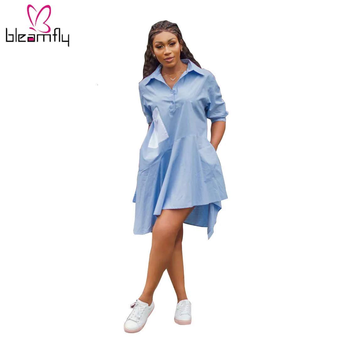 2019 летние женские блузки А силуэта с отложным воротником платье рубашка