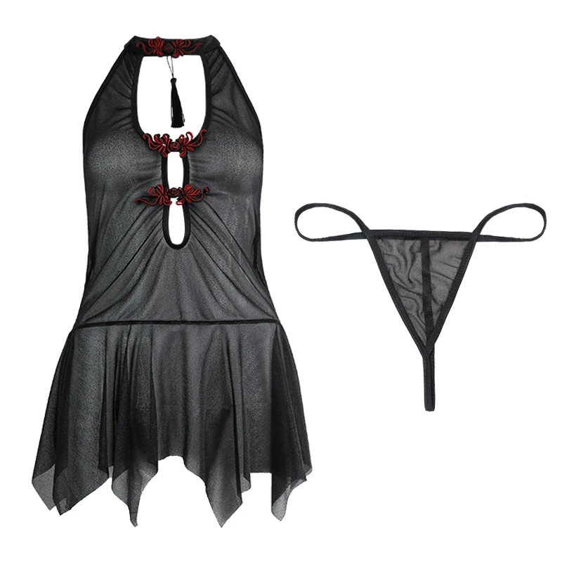 Новинка черное тонкое прозрачное облегающее платье Ципао на бретельках