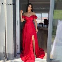 smileven red formal a line evening dresses off the shoulder satin side split buttons prom dress zipper eveninparty gowns