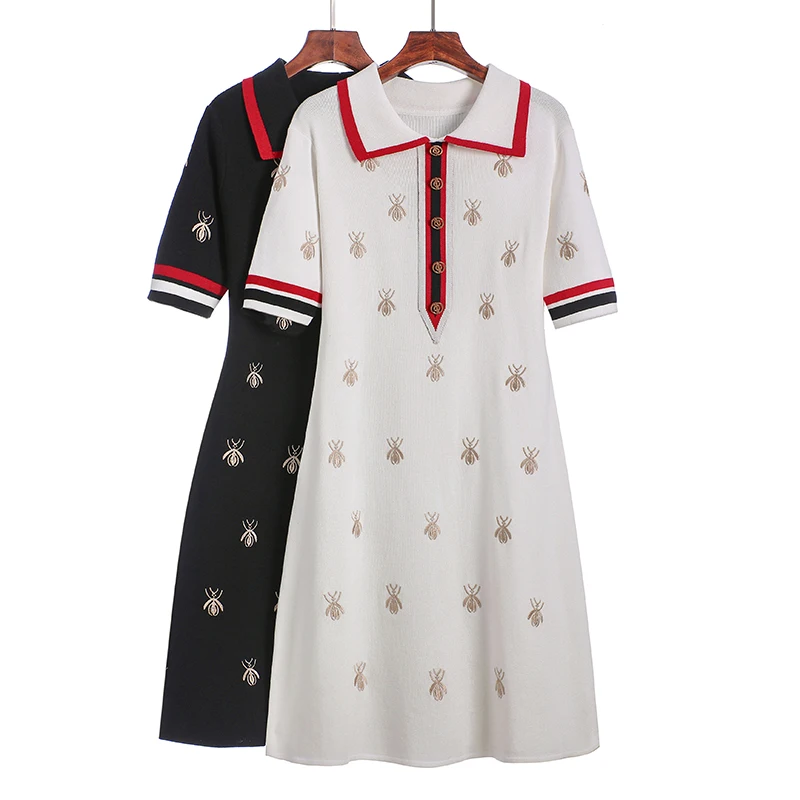 

2021 Spring Summer Knit Cartoon Embroidered Polo Dress Woman Plus Size Black Casual Knee-length Straight Dresses Female
