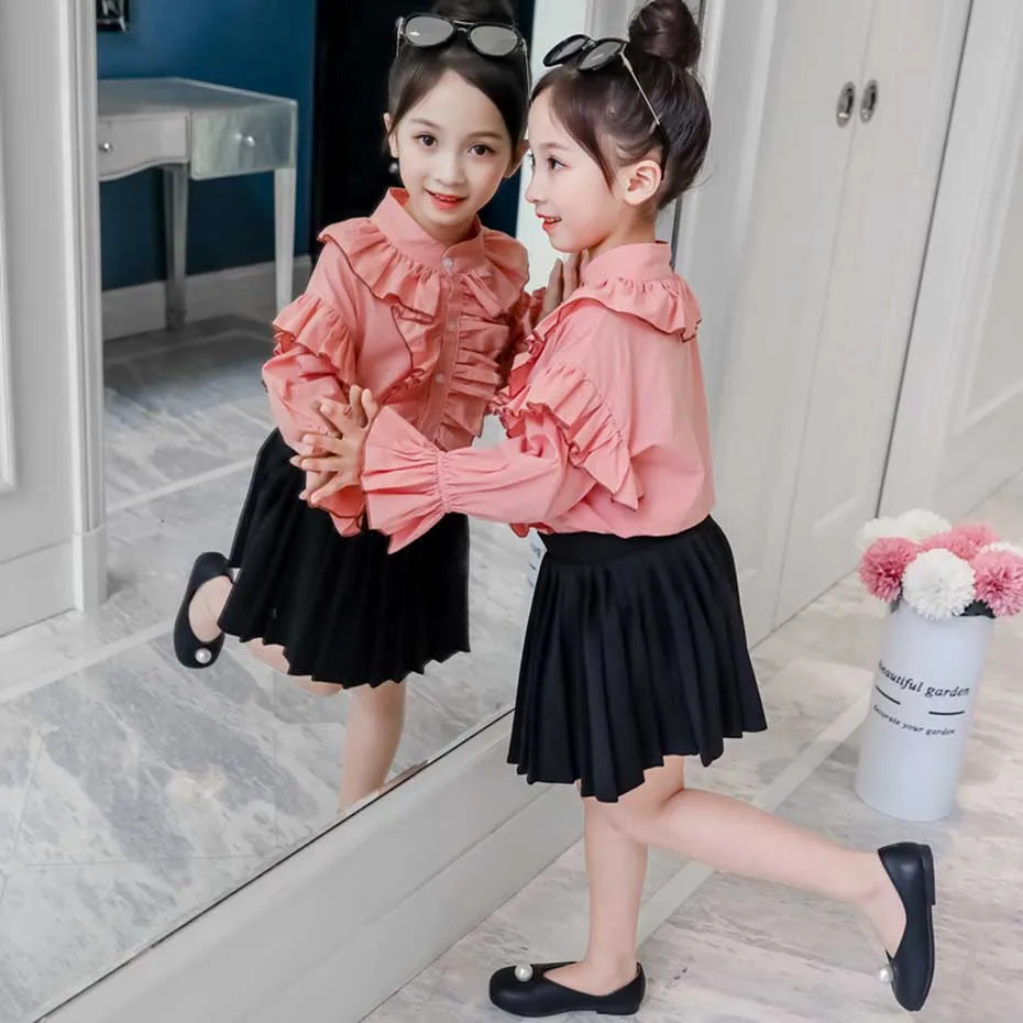 Весенняя детская одежда блузка с оборками и плиссированная юбка для девочек из 2