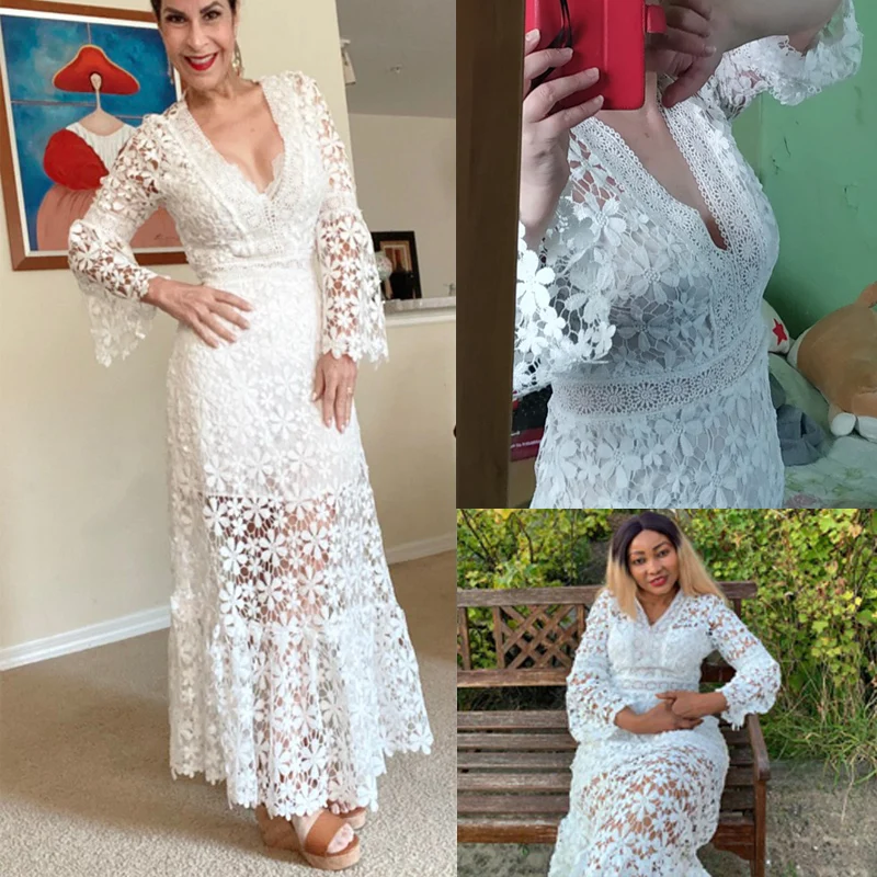 

2021 Elegant White Lace Dress Sexy Hollow Out High Waist See Through V Neck Maxi Vestidos Women Beach Holiday Wear Long Dresses