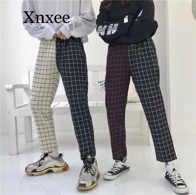

Asymmetric Run Vintage Paid Patchwork Pants Harajuku Woman Man Trousers Elastics High Waist Pants Korean Causal Straight Pants