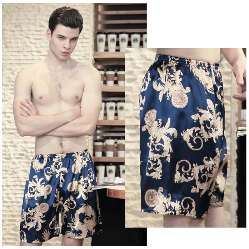 

Men Faux Silk Shorts Half Pants Pyjama Trousers Bottoms Loose Elastic Waist Home Wear Casual Multicolor Pattern Shorts 912-659