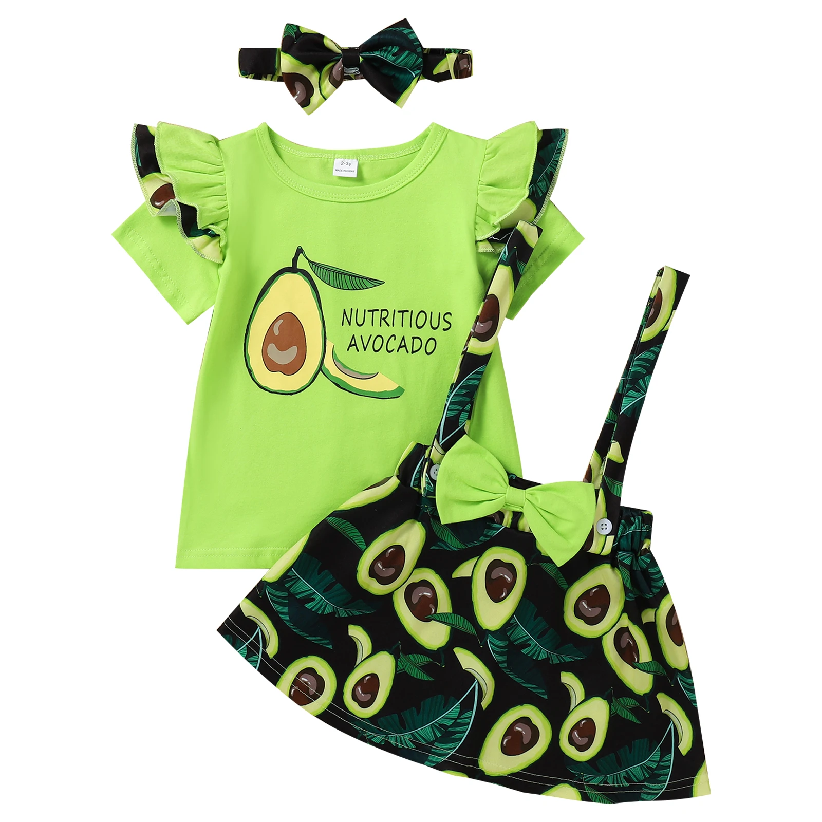 

Summer Baby Girls Clothing Three-Piece Suit Avocado Print Ruffle Short Sleeve Round Neck Tops Suspender Skirts Bow Headband