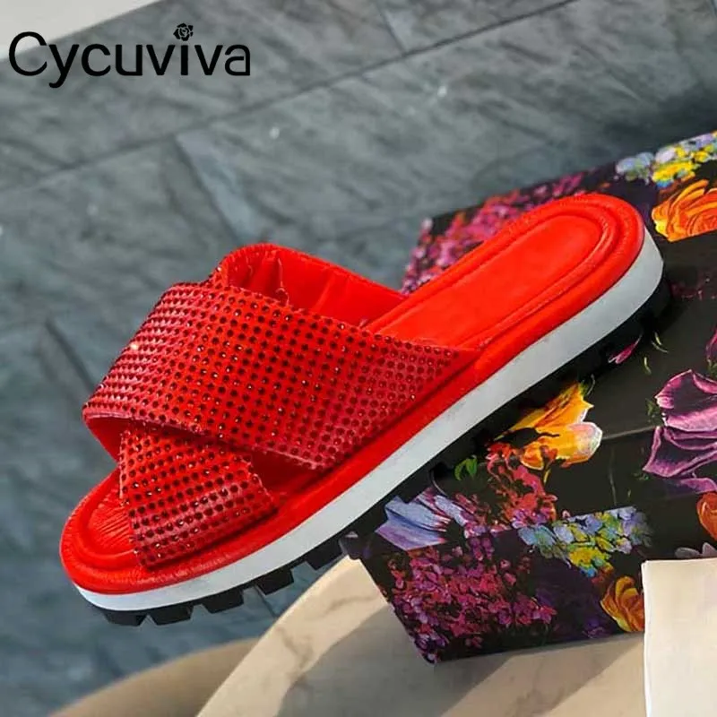 

Шлепанцы женские на плоской подошве, дизайнерские сандалии с красным крестом, со стразами, повседневная Праздничная Летняя обувь