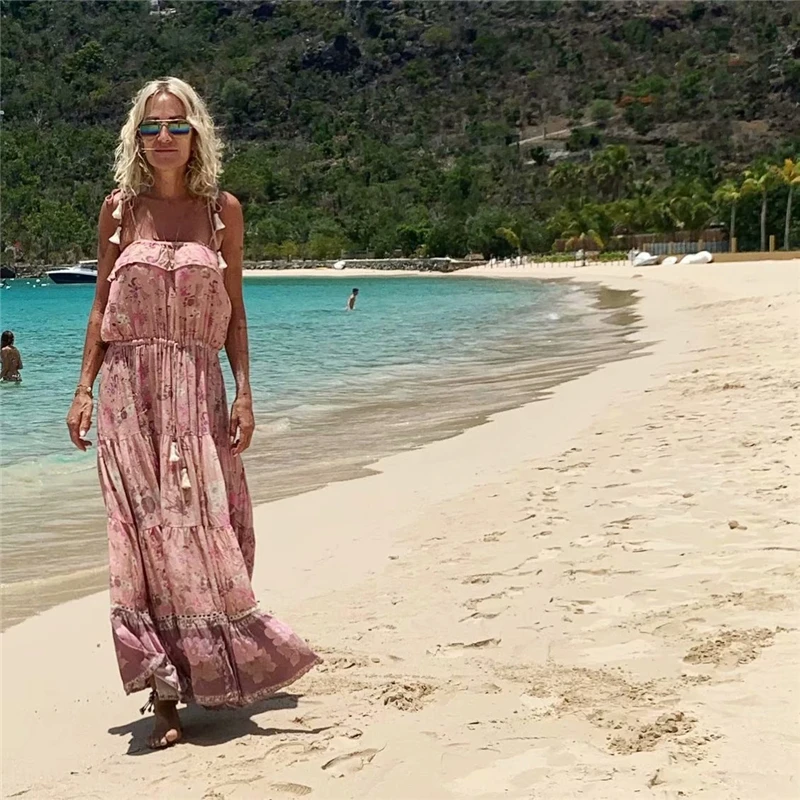 Богемное шикарное женское пляжное платье без рукавов с цветочным принтом, длинное богемное платье на бретельках с кисточками, Дамское летнее платье из вискозы happie макси vestidos