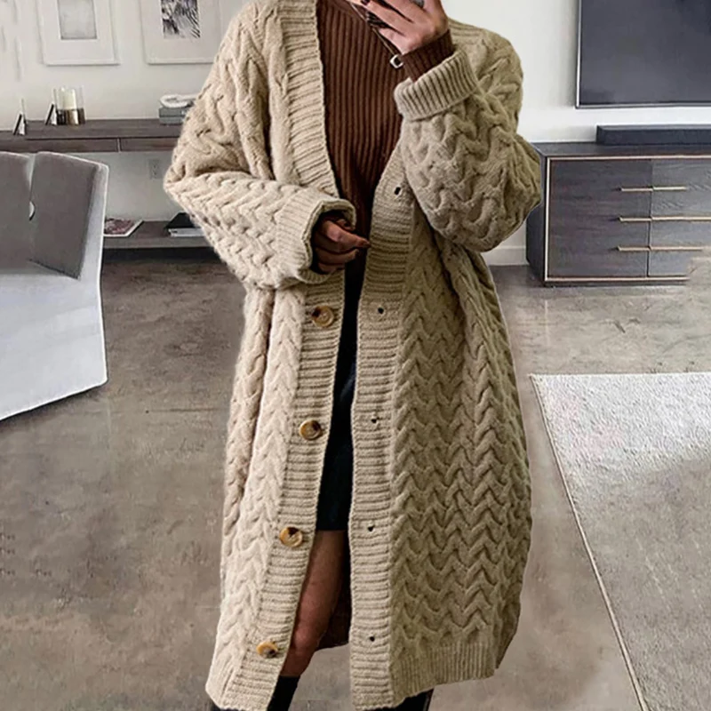 

Fall Winter Warm Thick Wool Solid Outerwear Women Fashion Vintage Single Breasted Jackets Knitted Long Sweater Ladies Cardigan