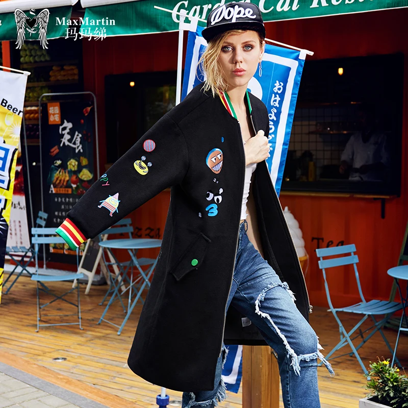 

Женский шерстяной свитшот с вышивкой и надписью, модная Длинная шерстяная куртка с воротником-стойкой, индивидуальные свободные худи на ос...