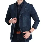 Пиджак мужской джинсовый с отложным воротником, однобортный приталенный ковбойский блейзер из денима, синий цвет, 4XL