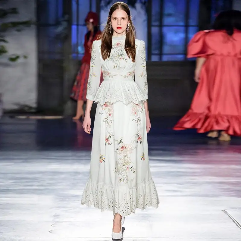 

Женское весеннее платье, модные вечерние платья в Корейском стиле, женские платья макси с воротником-стойкой и цветочной вышивкой, ажурными...