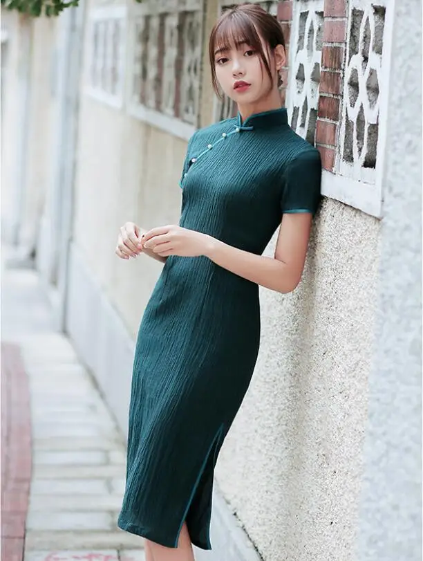 2 Сексуальные традиционные платья cheongsam женские льняные Ципао из хлопка с оборками фарбик Стенд воротник Женская Роба в восточном стиле платье для девочек плюс размер - Цвет: 2