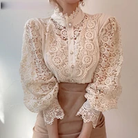 long sleeve blouse womens tops shirts lace 2021 fall korean fashion white hollow out sexy office lady floral turtleneck new