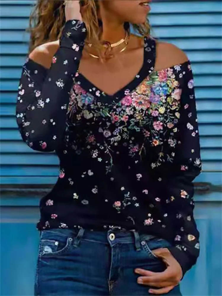 Женская Винтажная футболка с цветочным принтом элегантная повседневная длинным