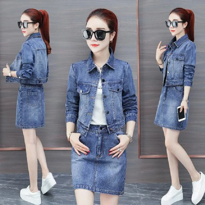 

denim fabric set two pieces women jacket and mini skirts korean fashion tops and hot skirts spring/autumn cowboy women sets