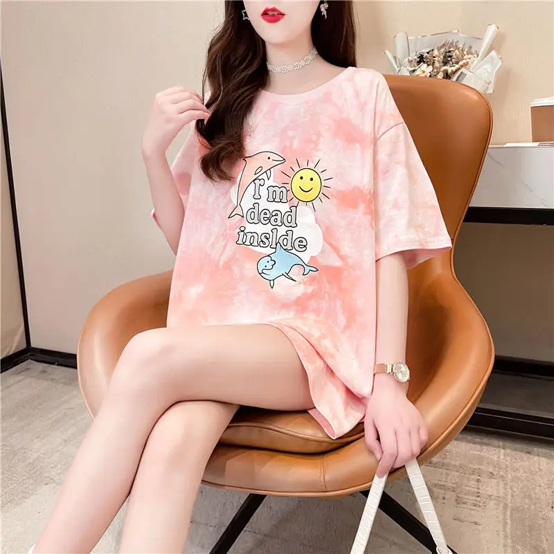 

Women's Fashion T-shirt O-neck Short-sleeved Tie Die Animal Print Wild Loose Harajuku Letter Sun Pink Dolphin Ladies Tops