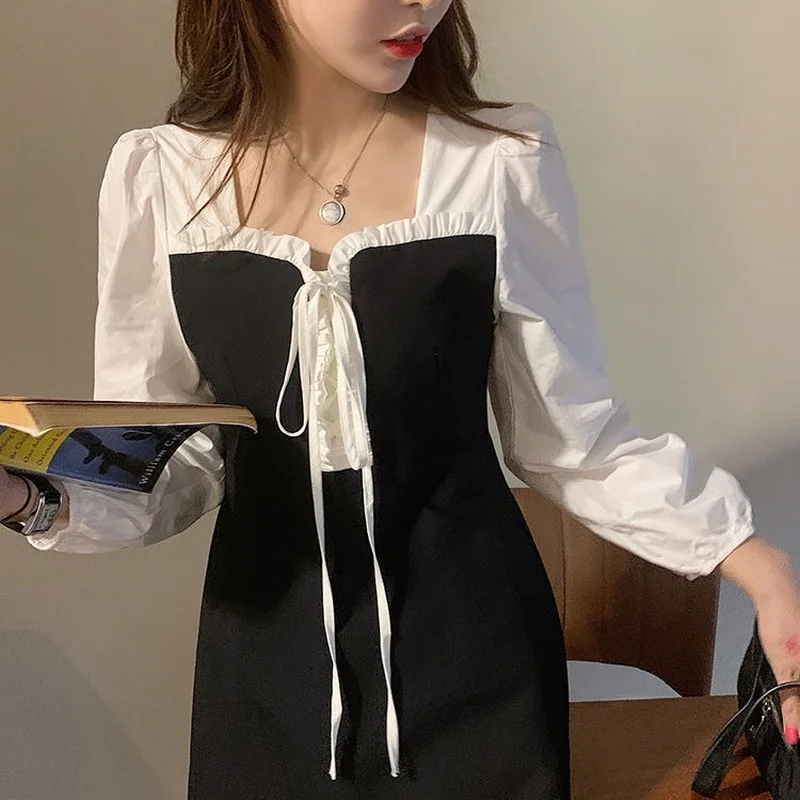 Long Sleeve Dress Women Design Square Collar Fake Two Pieces Belt Vestidos Mujer Empire A-line Black Sexy Mini Dresses Ulzzang images - 6