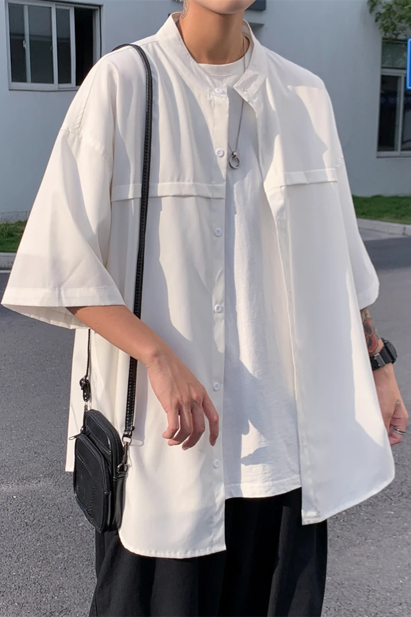 

2021 Summer Solid Color Men's Button Shirt Fashion Harajuku Casual Loose Breathable Comfortable Student Black Shirt