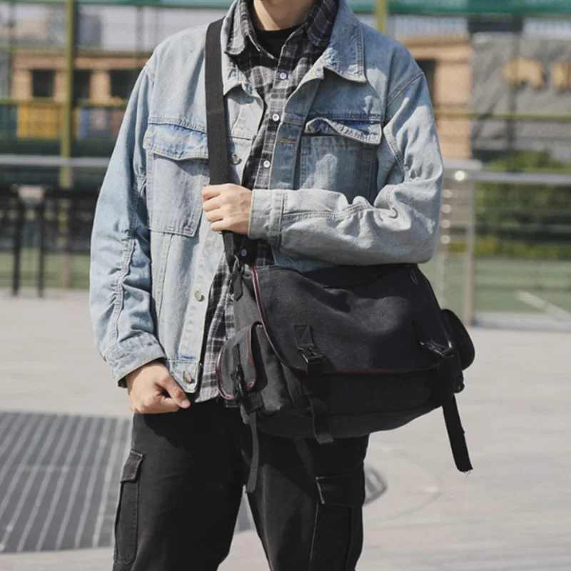 Холщовая вместительная сумка-мессенджер через плечо в стиле ретро для ноутбука