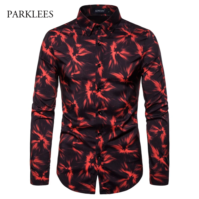 Мужская рубашка с длинным рукавом Повседневная Облегающая цветочным принтом для