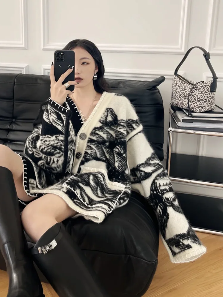 

Womens Loose Fit Cardigan Coat Long-Sleeve V Neck Office Lady Contrast Color Single-Breasted Cardigan Coat