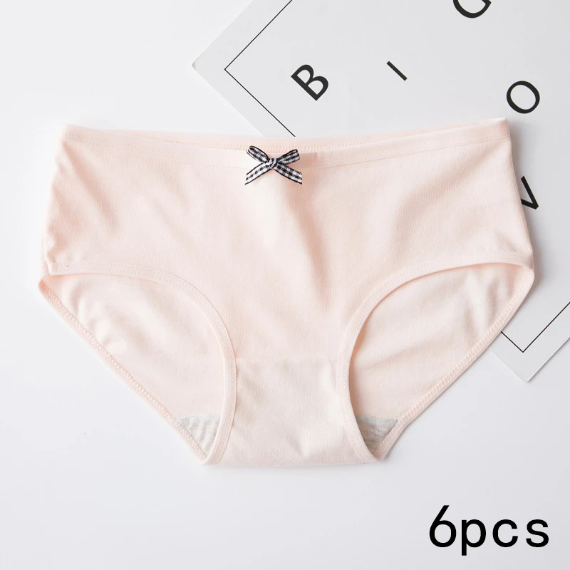 Light Pink 6 шт., Дамское хлопковое нижнее белье большого размера со средней талией для девушек, летнее тонкое дышащее нижнее белье с бантом, женские хлопковые трусики - Цвет: Light Pink