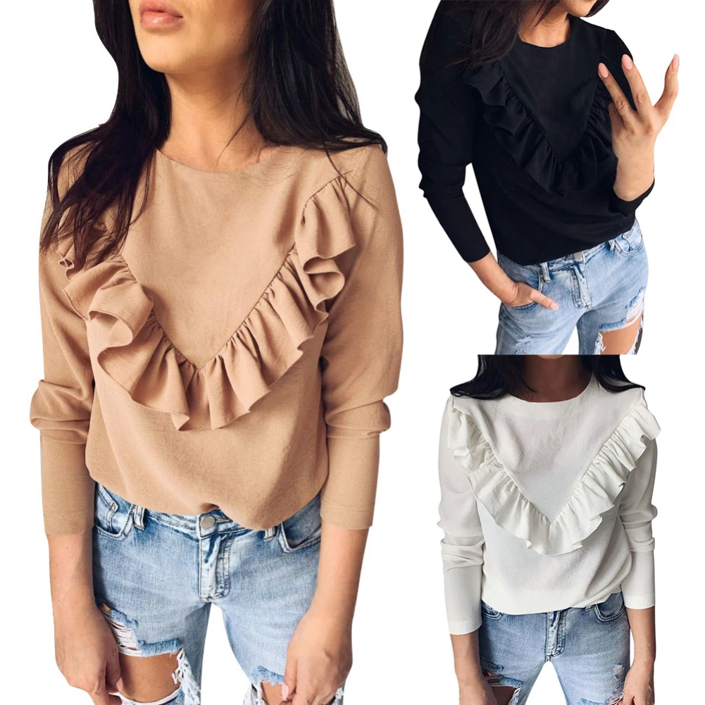 Женская Повседневная Однотонная футболка с круглым вырезом и длинным рукавом