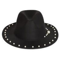 wholesale vintage lady and women fashion flat hat wide brim jazz fedora hats for autumn and winter with pearls