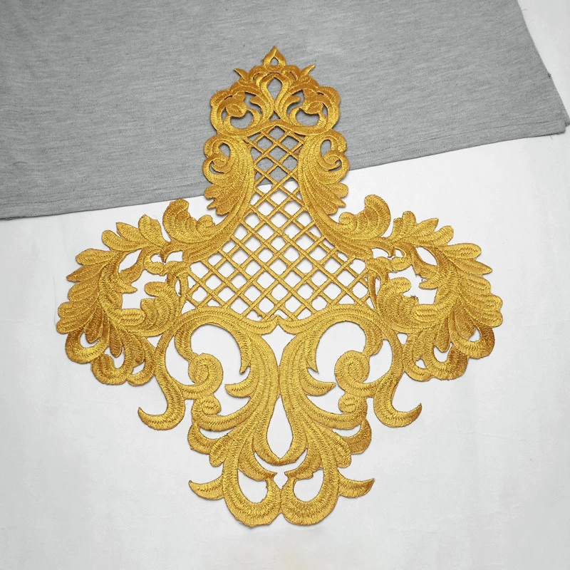 

Золотистая Серебристая вышитая кружевная ткань, аппликации, полый воротник, приклеивающиеся патчи для свадебного платья, аксессуары для ук...