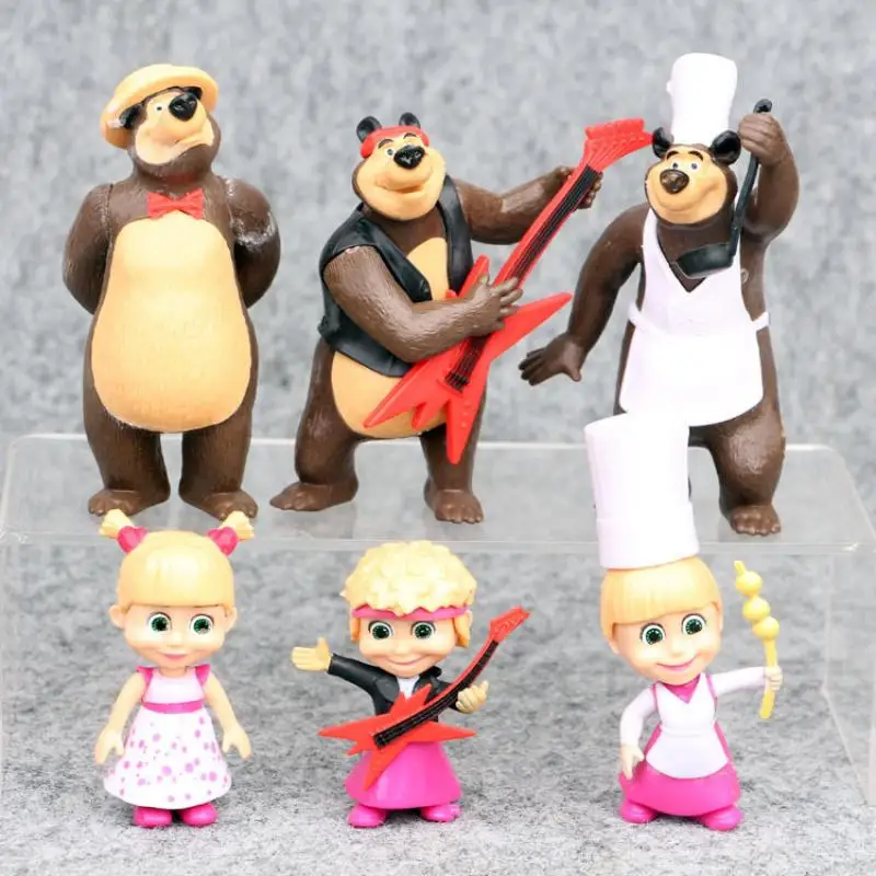 

6Pcs/set Masha and The Bear Big Brown Bear Doll Model Scene Modeling Ornaments Anime Cartoon Cute Pvc Figures Toys Gift