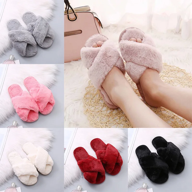 

Women Indoor Plush Slippers Flat Shoes 1Pair Fur Cross Slippers Breathable Comfortable Home Winter Shoes Warm Non-Slip