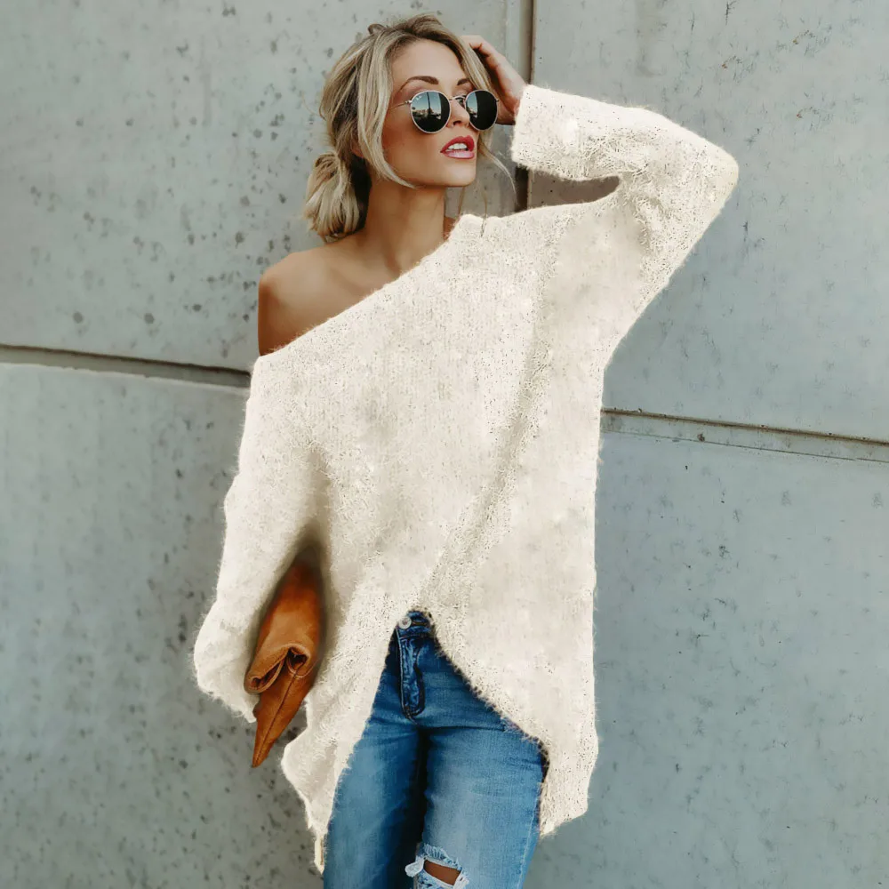 Women Long Sleeve Sexy Off Shoulder Sweater Faux Fur Blouse Top Sweaters 2019 Winter Tops Knitted C3098 | Женская одежда