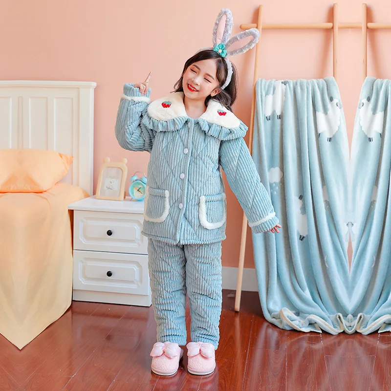 

Clothes for Girls Children's Warm Suit Tops Pants Set Home Service 3 Layer Quilted Thicken Snow Winter Flannel Pajamas Home Wear