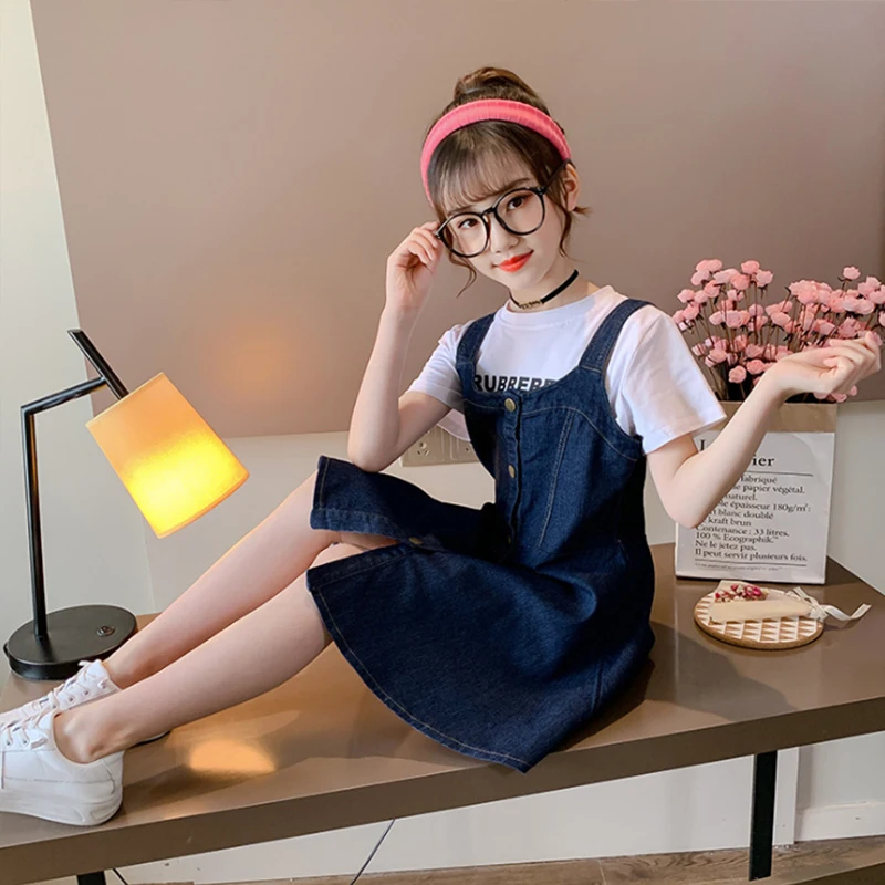 Джинсовое платье для девочек комплект из 2 предметов футболка и джинсы 3 4 5 6 8 10 12