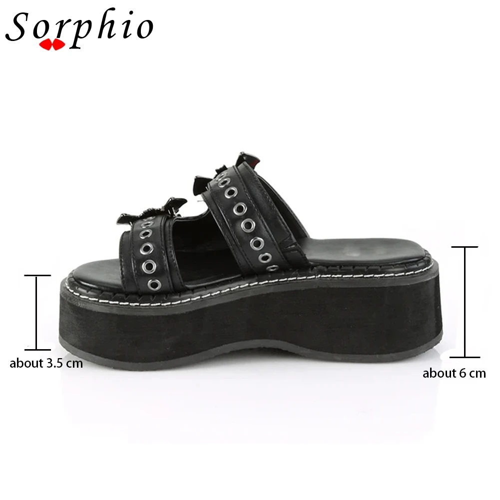 Sorphio Summer 2023 Double Strap Buckles  Platform Wedges Fashion Goth Slippers Hot Women's Metal Sandal For Comfy  Black Shoes