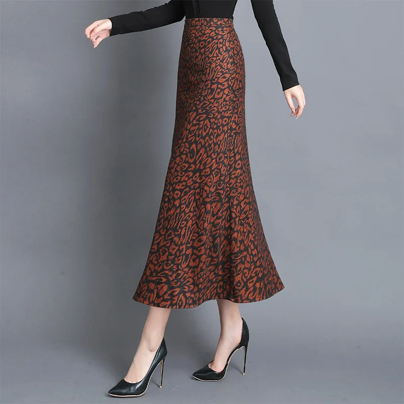 

New Women Fashion Leopard Print Maxi Skirt Ladies High Waisted Autumn Winter Mid Long Skirts Retro wrapping Lotus Leaf Skirt