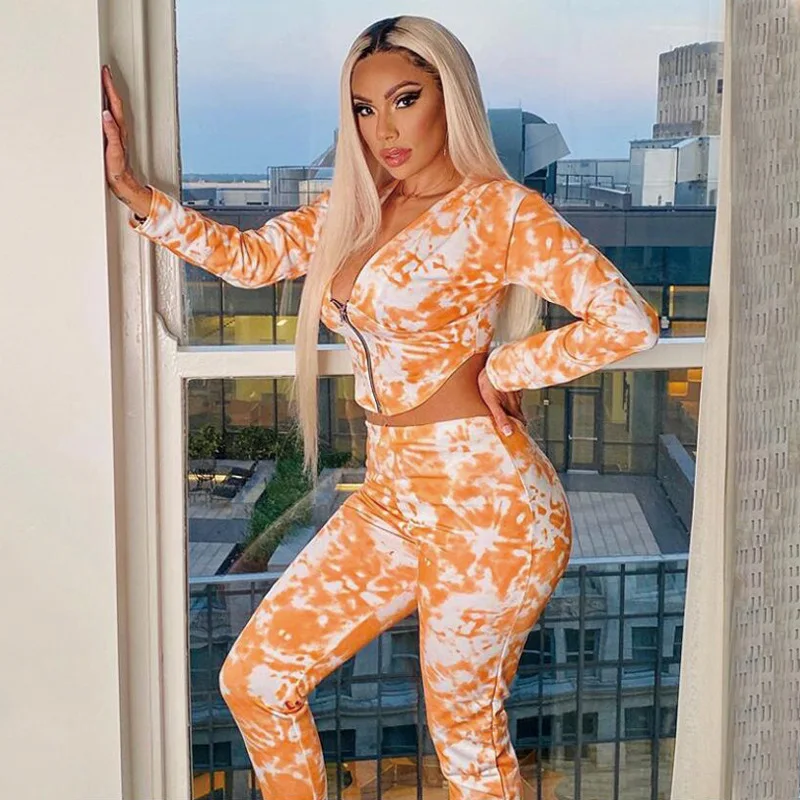 

Fashion Casual 2 Piece Women Sexy V Neck Long Sleeve Zipper Coat Crop Top Pants Matching Outfits Tracksuit Female Set