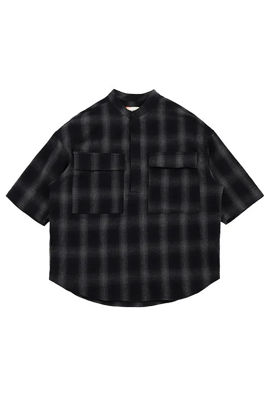 

Feel of God men's fashion brand Henry collar half open button Plaid short sleeve shirt