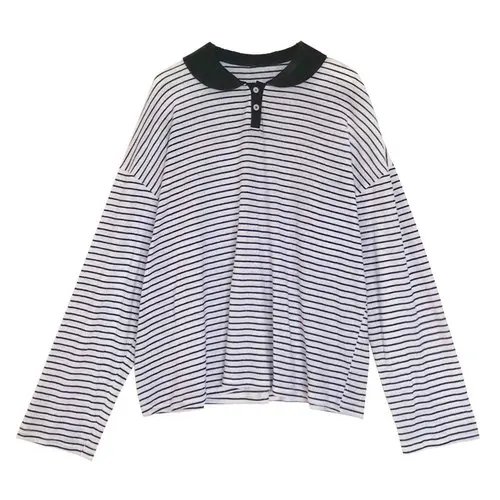 Simple Button Line Red White Striped Casual Patchwork Fresh Regular Long Sleeve All Match Hit Koren Style Female Polo Shirts |