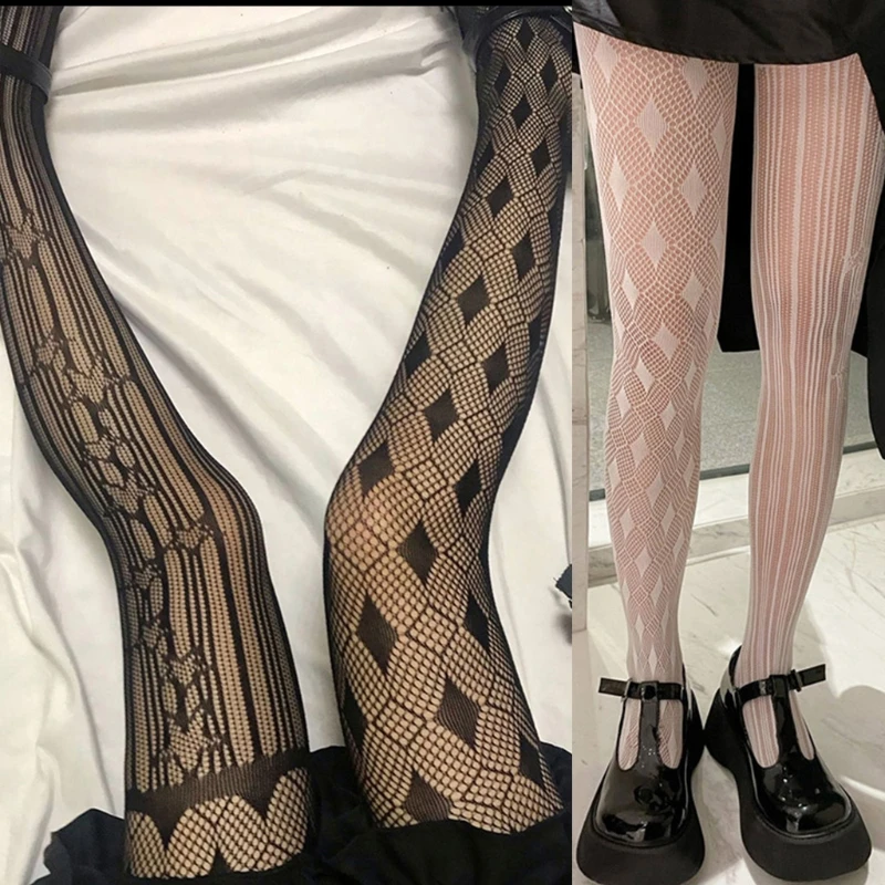 

Women Harajuku Sexy Sheer Mesh Pantyhose Gothic Punk Asymmetrical Star Diamond Pattern Tights Hollow Out Fishnet Kawaii Cosplay