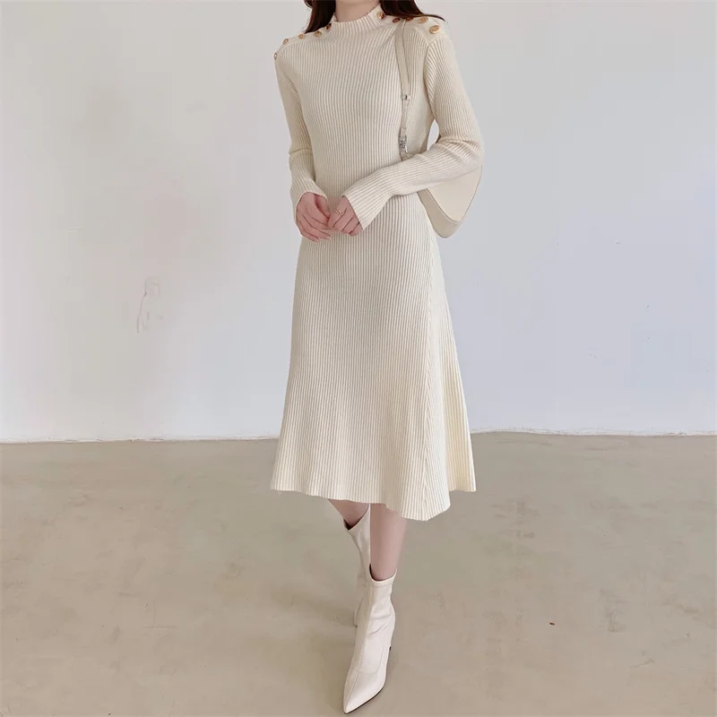 

Women Autumn Knitted Hepburn Knee-Length Dresses Long Sleeve Vintage Casual Vestido O Neck Fashion Korean Sweater A-Line Dress