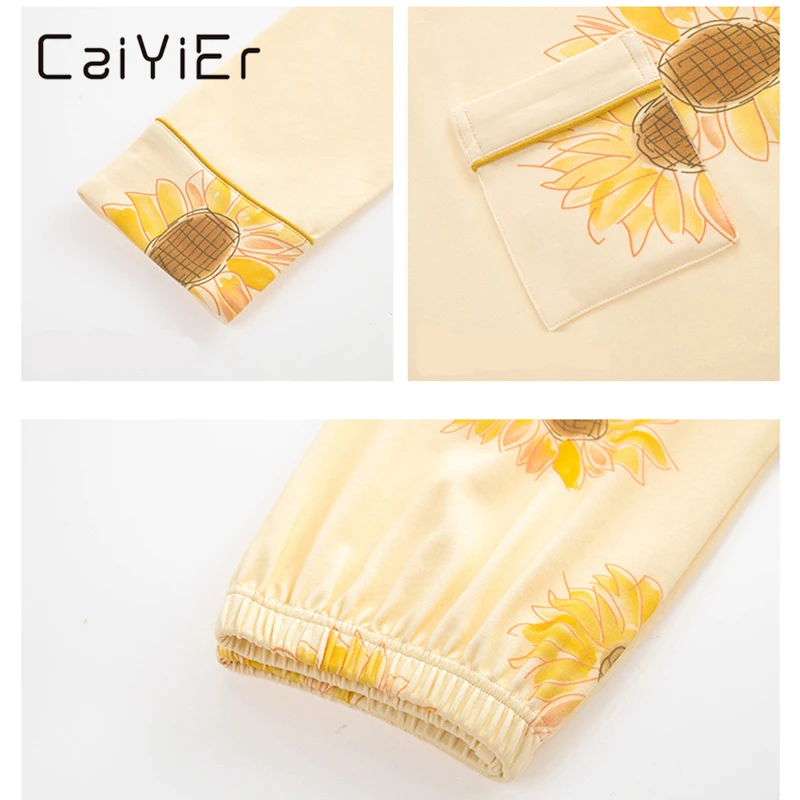 

Caiyier Yellow Floral Long Sleeve Sleepwear Thick Cotton Turn-down Collar Pajamas Set Soft Large Size Winter Nightwear M-3XL