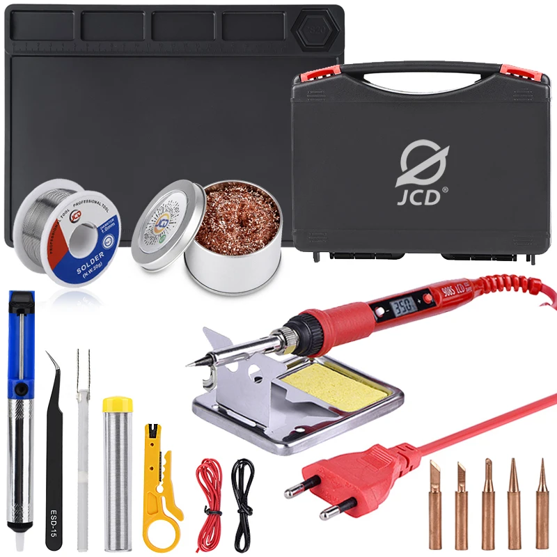 

JCD Electric Soldering Iron Kit Adjustable Temperature LCD Display Solder Iron Tips Tweezers 80W 220 ESD Insulation Working Mat