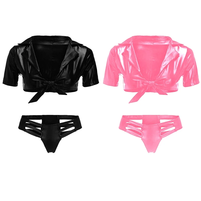

Womens Shiny Faux Patent Leather 2Pcs Lingerie Set Short Sleeve Lapel Crop Top with Sexy Hollow Out Panties Underwear