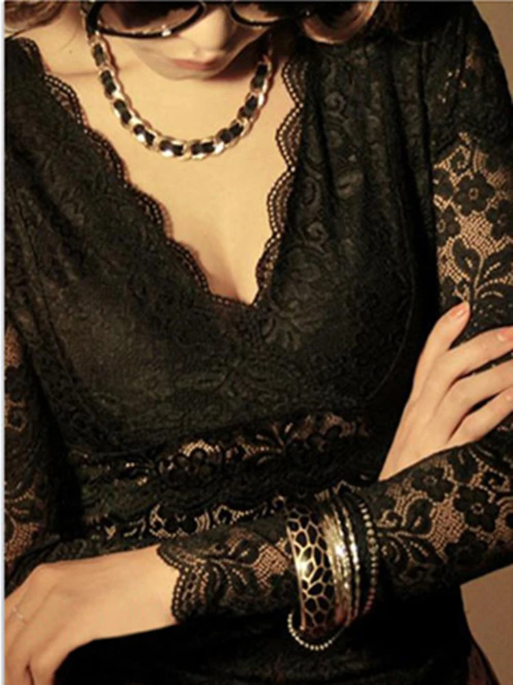 Женский топ с V-образным вырезом кружевной длинным рукавом |