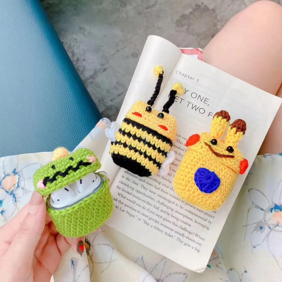 3D милый чехол для наушников Airpods с мультяшным рисунком вязаный плюшевый Apple 2