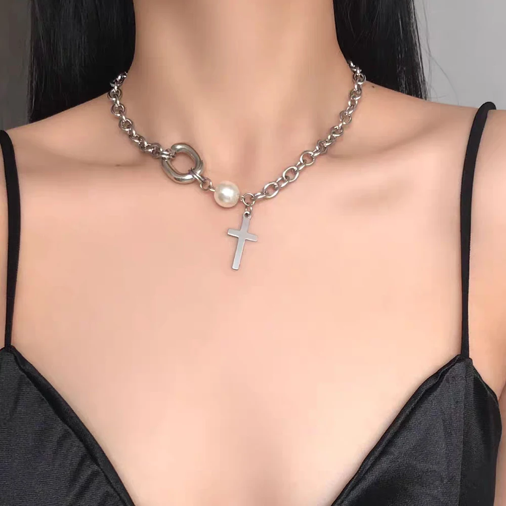 

Viennois Cross Circle Chain Necklaces Simulated Pearl Choker Necklace Chunky Stainless Steel Jewelry Women Accessories Gifts