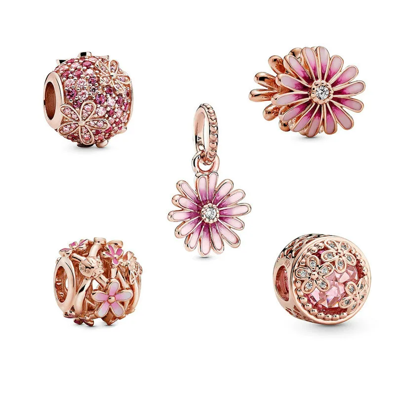 

925 Sterling Silver Pink Shaded Enamel Daisy Flower Pendant Charm Bead Fit Women pandora Bracelet & Necklace Jewelry